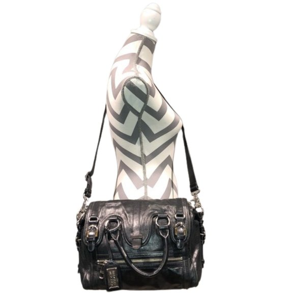 Badgley Mischka Cherise Black Leather Convertible Satchel - Picture 1 of 16